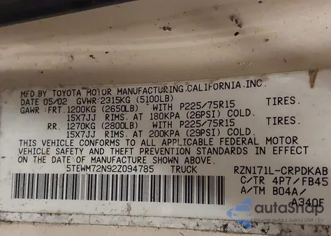 2002 Toyota Tacoma from USA, damaged, VIN 5TEWM72N92Z094785